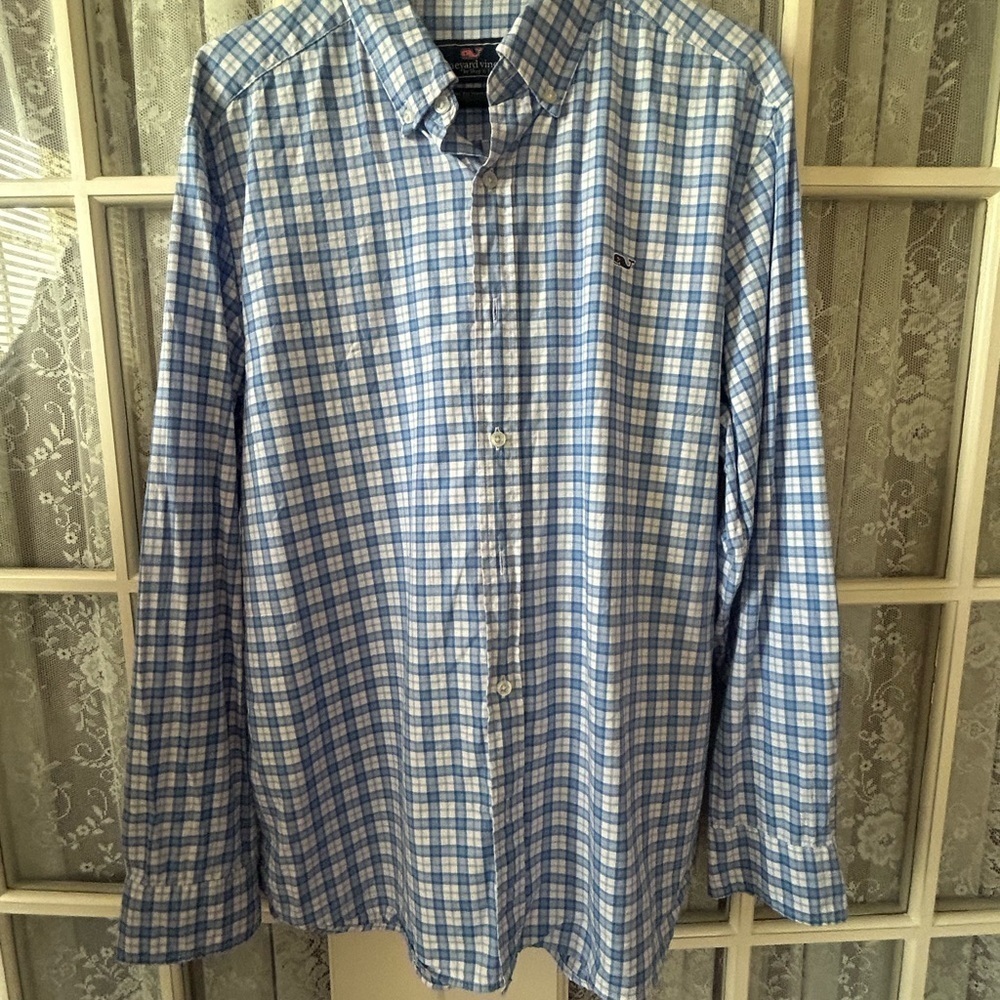 Vineyard Vines Blue and White Casual Button Down Shirt Sz L